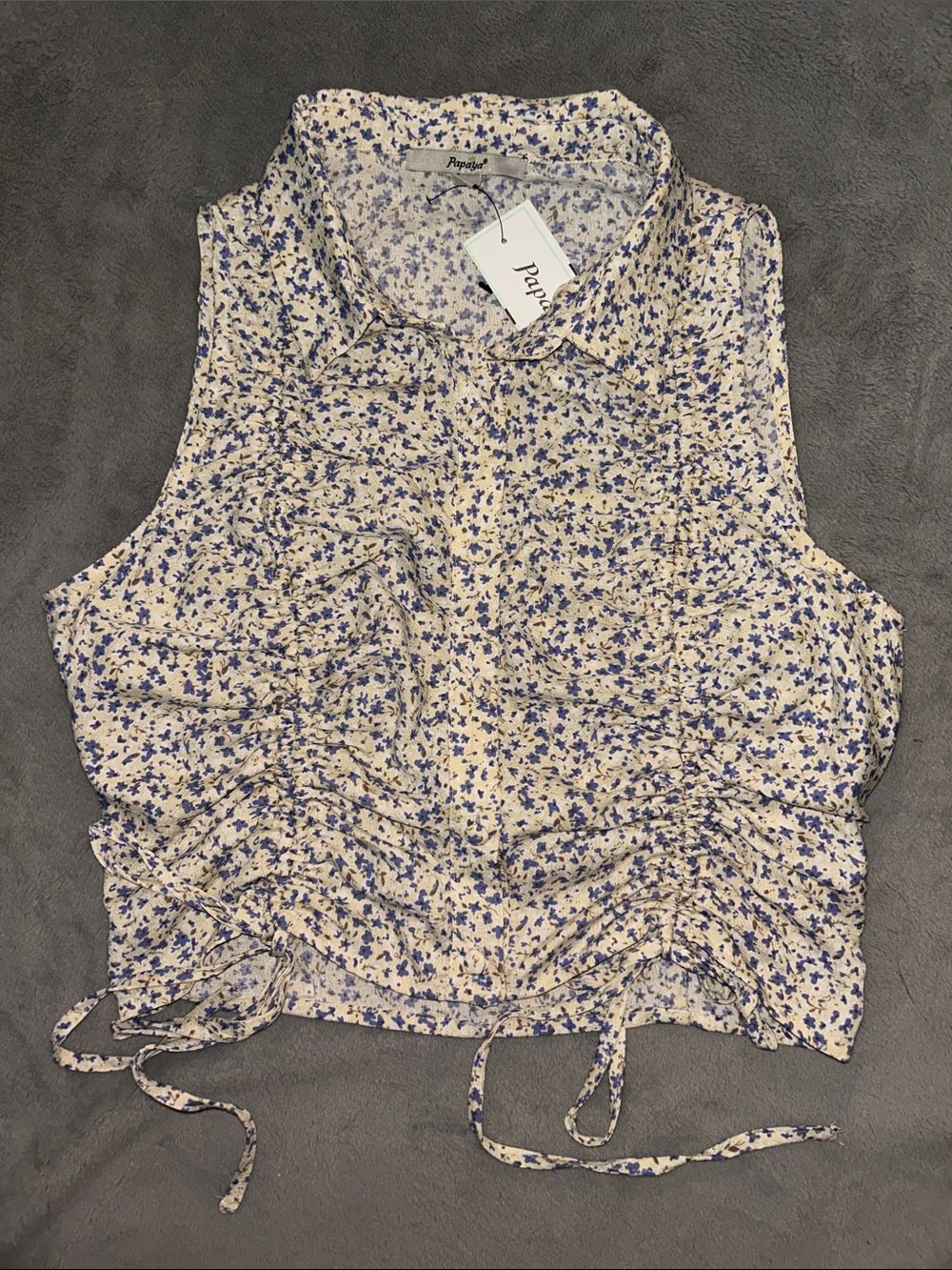Papaya Cream Floral Sleeveless Drawstring Collar Top